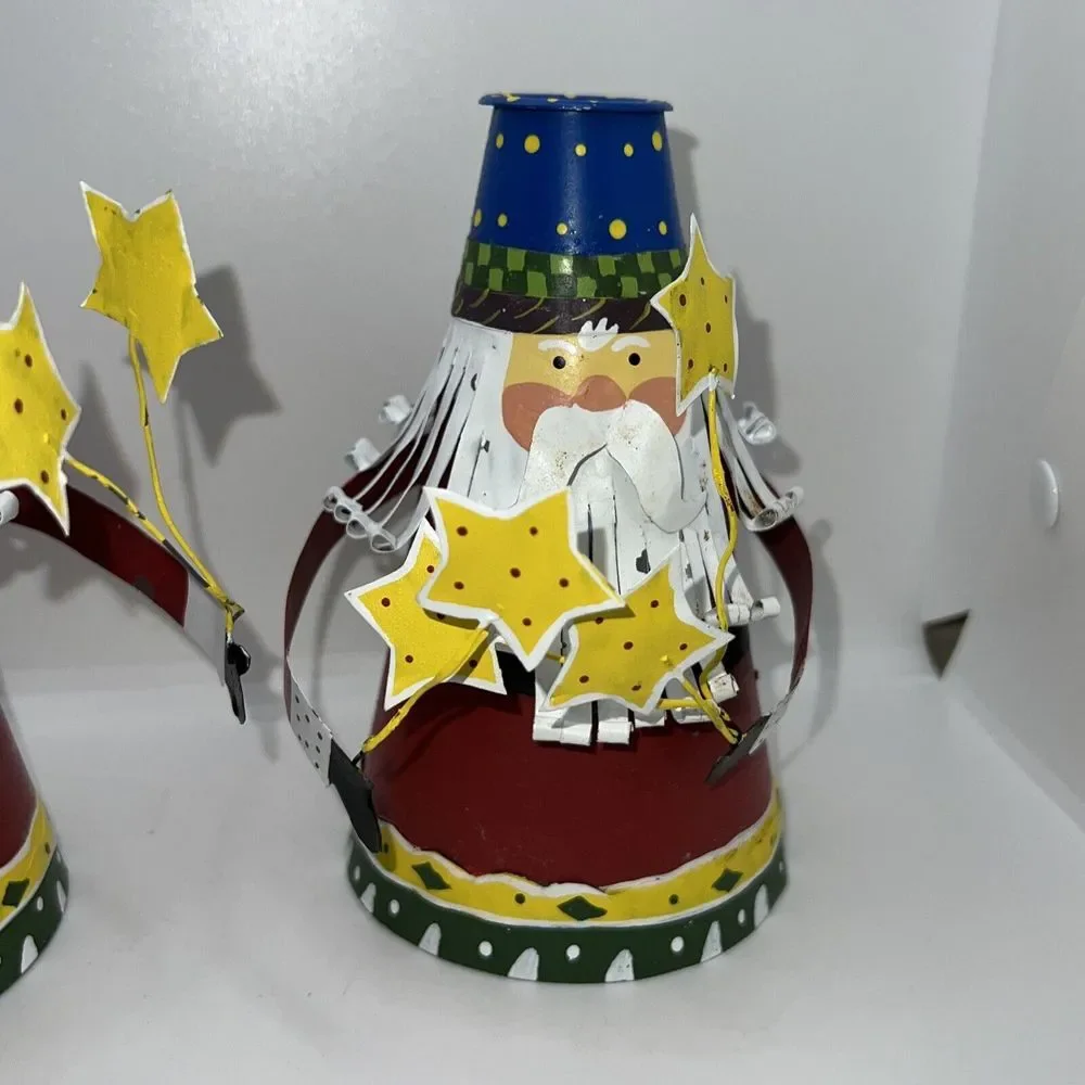 4 Vintage Christmas Cone-shaped Santa Metal Candle Holder Set Of‎ 4 w/Stars